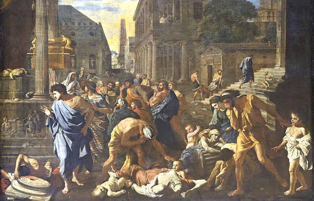 La Peste Nicolas Poussin. Muestra el castigo divino a los filisteos con un realismo sobrecogedor, donde los vivos se tapan la nariz ante los cadáveres en descomposición