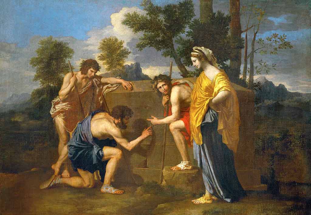 Los pastores de la Arcadia, Ubicada en un paisaje idílico de la Arcadia, muestra a tres pastores y una mujer de porte clásico contemplando una tumba sepulcral