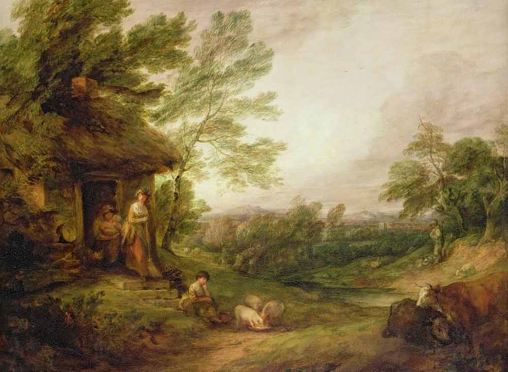 Es una de las obras cumbre de sus llamados "paisajes de fantasía". Muestra a una familia humilde a la puerta de su cabaña techada de paja en mitad de un bosque, iluminada por los tonos dorados de un sol crepuscular.