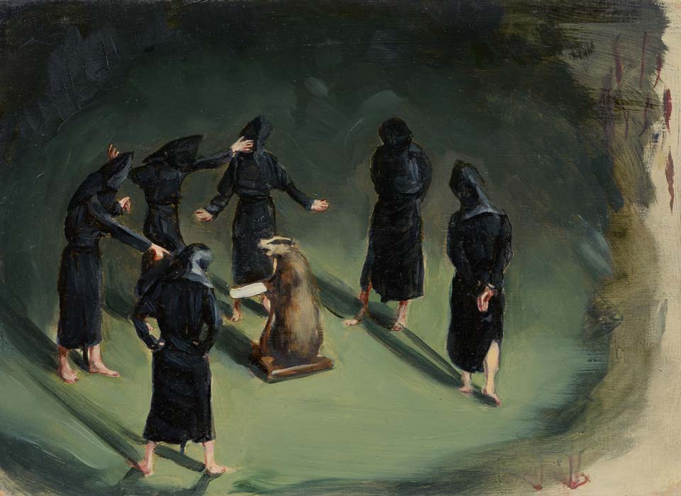 Serie Black Mould (Moho Negro) (2015) Una de sus series más oscuras y teatrales. En estos lienzos, Borremans pinta a un grupo de personajes anónimos cubiertos por túnicas y capuchas negras satinadas que ocultan por completo sus cuerpos y rostros. Estas figuras siniestras realizan extrañas danzas, adoran objetos absurdos o se agreden mutuamente en mitad de una penumbra opaca.