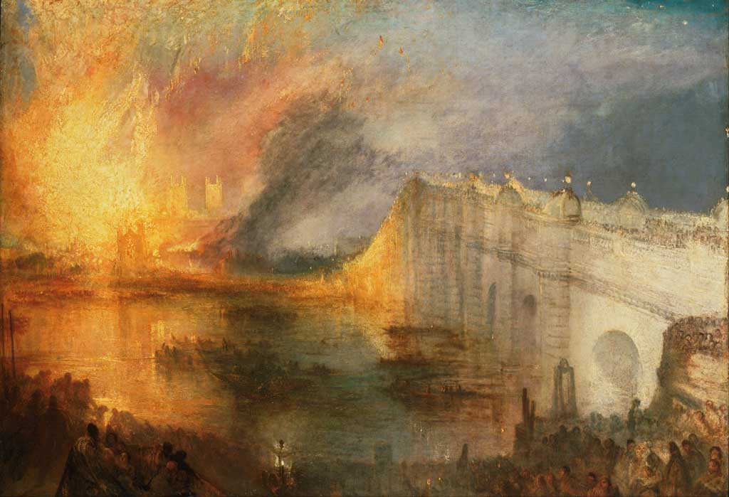 El incendio de las Casas de los Lores y de los Comunes (1835) Fruto de la observación directa del catastrófico incendio real que destruyó el Parlamento de Londres en 1834. Turner alquiló un bote en el Támesis para tomar apuntes a la acuarela en mitad de la noche.