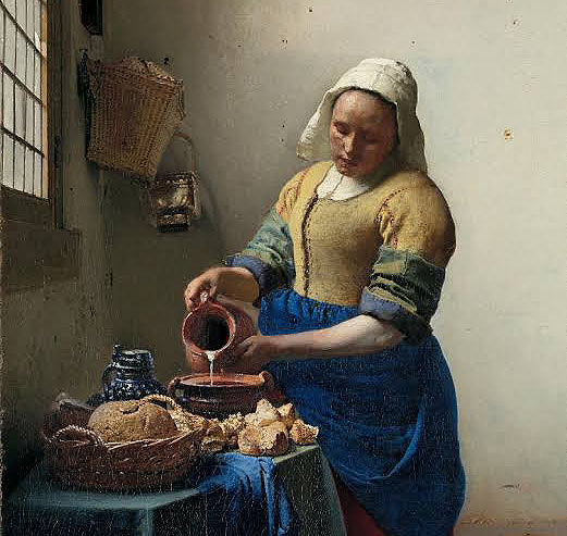 la lechera de Johannes Vermeer, Una sirvienta vierte leche con total concentración en un cuenco de barro. Vermeer logra un realismo táctil asombroso a través de la técnica del pointillé (pequeños puntos de pintura densa que imitan los destellos de la luz sobre los objetos).