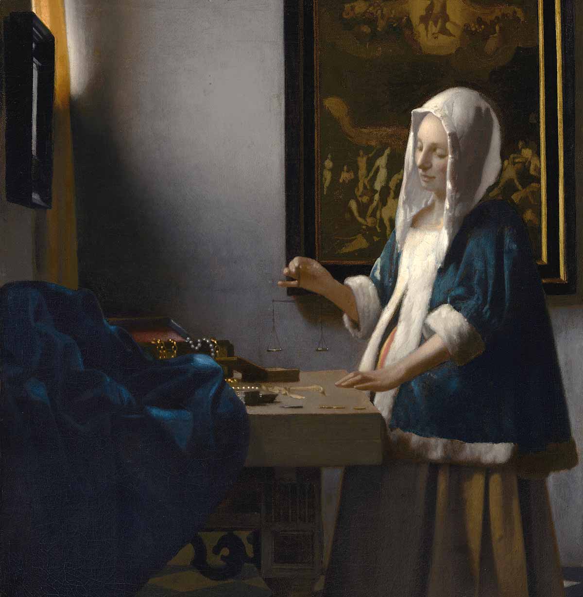 Mujer con balanza (c. 1662-1663), Johannes Vermeer Una de sus composiciones más filosóficas y cargadas de simbolismo oculto. Una mujer joven sostiene una balanza perfectamente equilibrada frente a una mesa con joyas