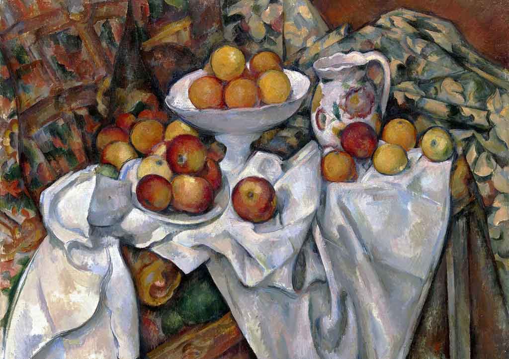 Naturaleza muerta con manzanas y naranjas . Cézanne revolucionó el bodegón al introducir múltiples puntos de vista simultáneos