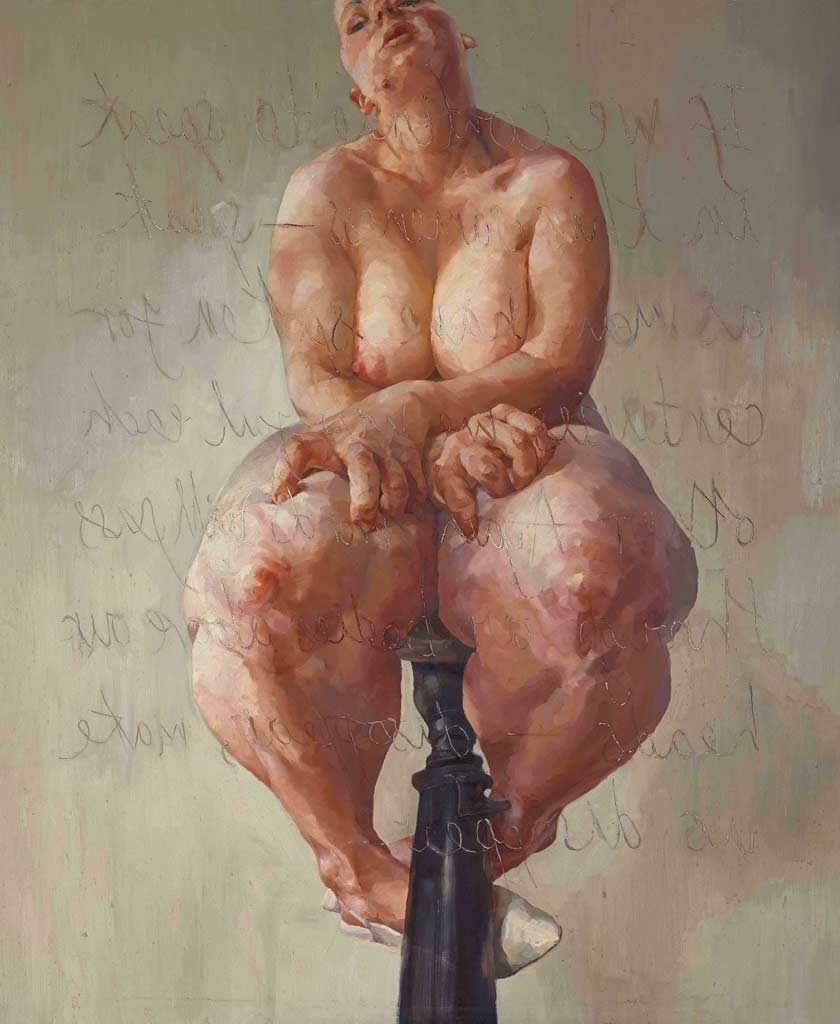 Propped (Apoyada) (1992) Es la obra maestra fundacional que la catapultó a la fama mundial. Muestra a una mujer de carnes exuberantes sentada desnuda sobre un taburete alto