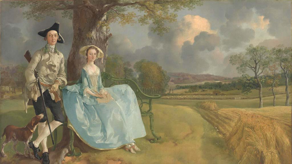 . El señor y la señora Andrews (c. 1750) Ubicada en la National Gallery de Londres, esta obra maestra de su juventud es el ejemplo perfecto de la conversation piece (retrato de conversación). Robert Gainsborough : Andrews y su esposa Frances posan en su propiedad de Auberies bajo un roble