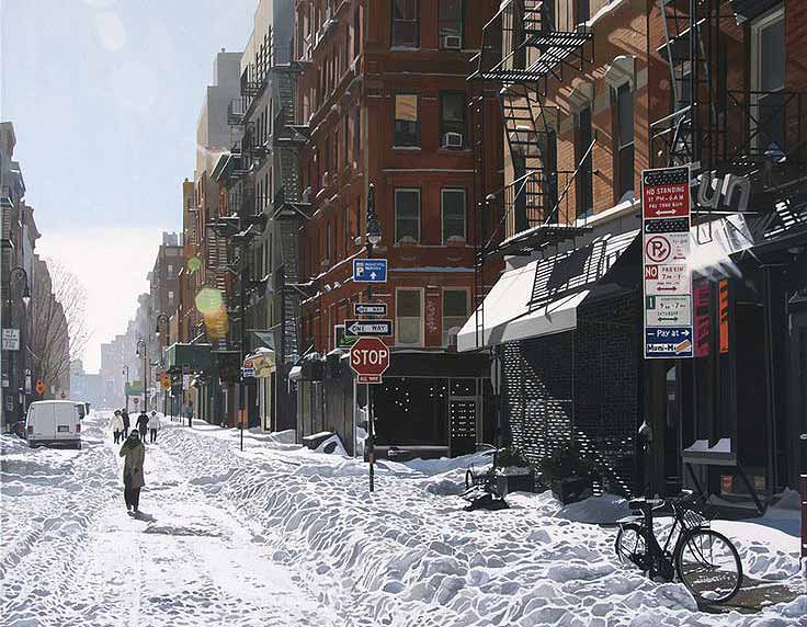 Serie "Nevadas" (Ej. Calles de Nueva York en invierno) Pintar la nieve al óleo es uno de los mayores retos técnicos para cualquier artista, y Pérez lo domina de forma sobresaliente. En estas obras muestra el contraste entre los ladrillos oscuros o las escaleras de incendios de los edificios neoyorquino y los mantos de nieve blanca