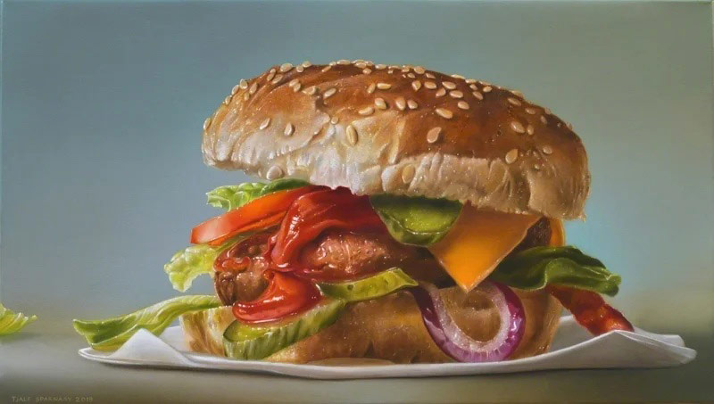 Tjalf Sparnaays pintura hiperrealista de comida basura