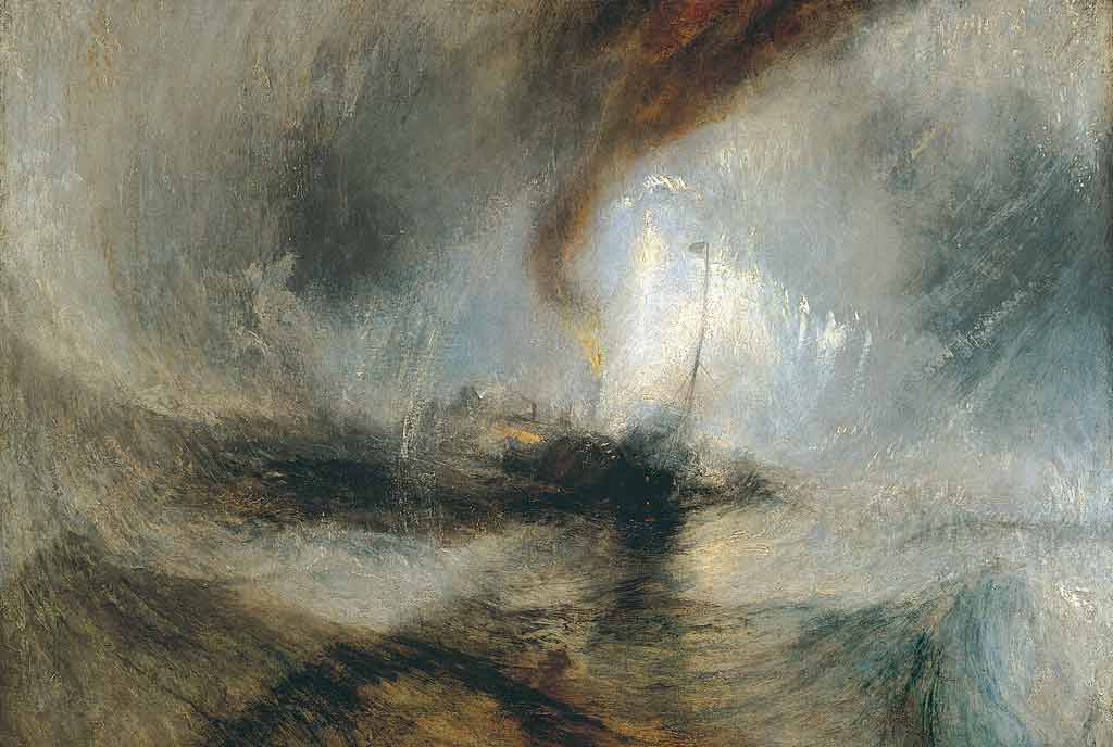 Turner , Tormenta de nieve: un vapor a la salida de un puerto (1842) El culmen de su estilo tardío y la obra que desató la leyenda. El cuadro muestra un barco de vapor atrapado en el centro de un gigantesco vórtice o remolino de nieve, viento y olas embravecidas